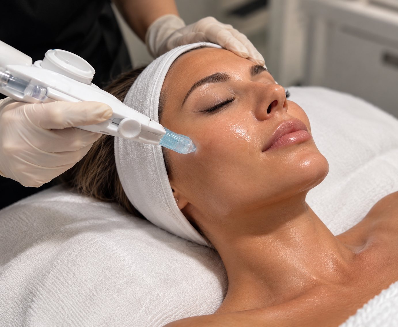 The BREEZE handpiece delivering pressurized air and serum to the cheek during a needle-free oxygen facial