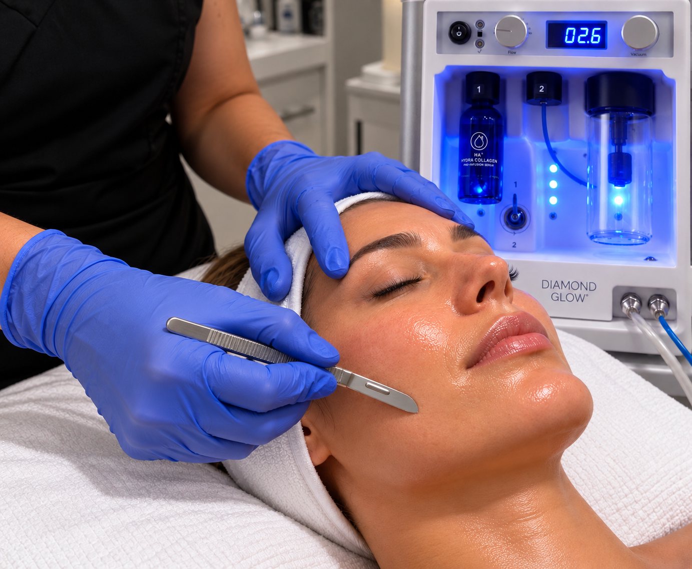A sterile blade held at an angle against the jawline during a dermaplaning treatment