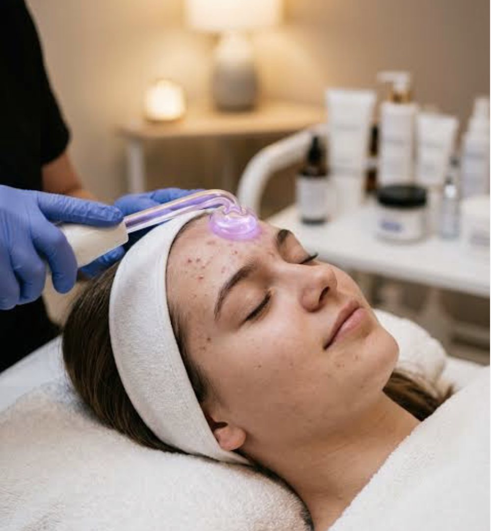 A high-frequency electrode being applied to the forehead during a teen facial